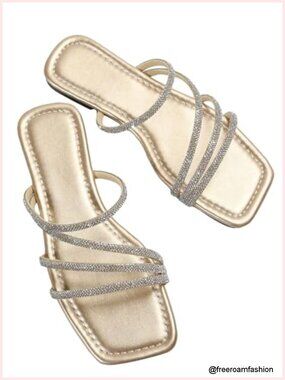 Rhinestone Wedding Flat Sandals Sparkly Strappy Slip On Bling Bridal Slide Shoes